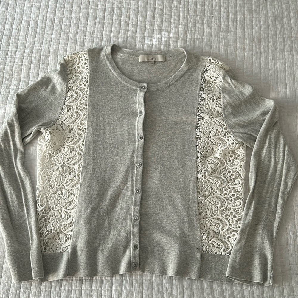 LOFT Gray and Cream Lace Cardigan
